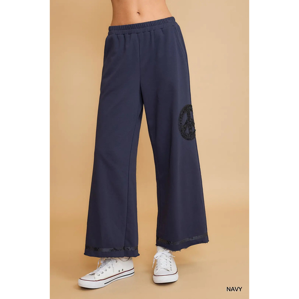 K9222-T-N Umgee French Terry Peace Sequined Pants & Top Set Navy Various Sizes - Picture 2 of 4